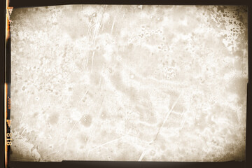 Vintage photo film frame of a middle format camera with sepia photo lens vignette with strong dust and splatters and wet plate technique on transparent background (png image).