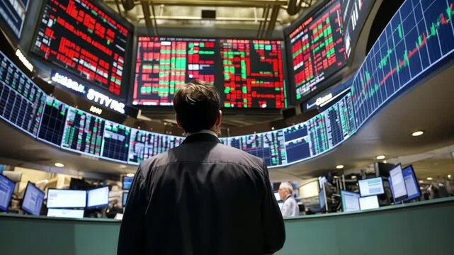 A person stands in a stock exchange, observing digital displays filled with red and green stock market data.