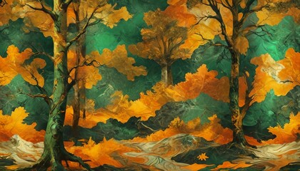 Deep forest green and rich amber create a striking design inspired by ancient woodlands and golden autumns, Generative AI