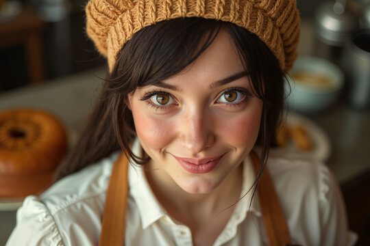 Young woman with a warm smile, wearing a beige knit hat and apron, is standing behind a counter with pastries, suggesting she might be a baker or pastry chef.