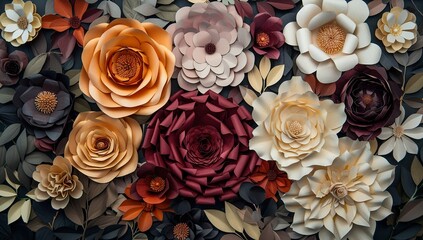 The background is made of various large and small paper flowers, including...