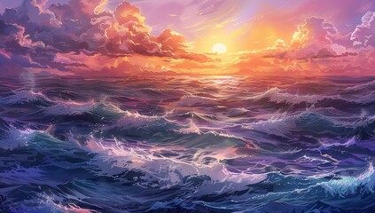 Fototapeta premium The vast sea, rolling waves under the setting sun, features anime style...