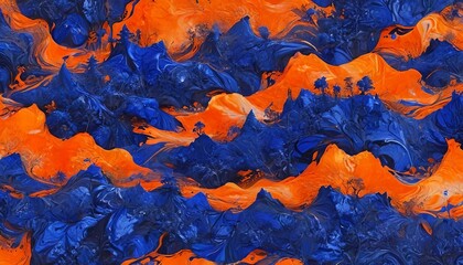 Deep sapphire blue and vibrant orange create a striking design inspired by the magic of twilight forests, Generative AI