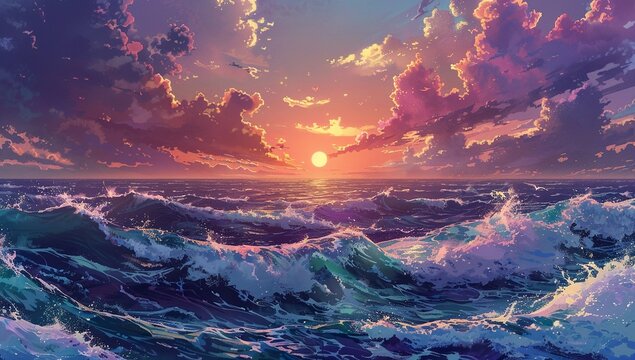 The vast sea, rolling waves under the setting sun, features anime style...