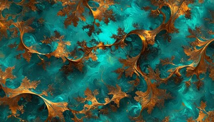 Dark teal and shimmering bronze swirl together, reflecting the mystery of magical forests shrouded in mist, Generative AI