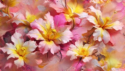 Ethereal shades of pale pink and vibrant yellow blend together, invoking a surreal world where flowers bloom in fantastic shapes, Generative AI