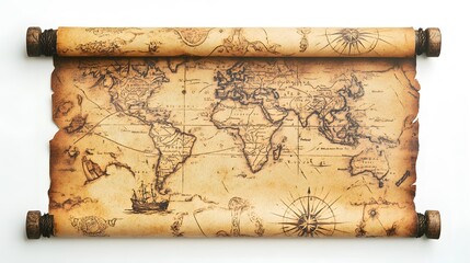 Vintage pirate treasure map rolled out on white background, showcasing detailed drawings of islands and treasure locations, perfect for adventure themes and historical design elements