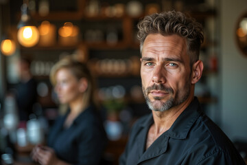 Obraz premium Man with a beard and mustache, wearing a black apron, stands behind a bar counter in what appears to be a cocktail lounge or restaurant setting.