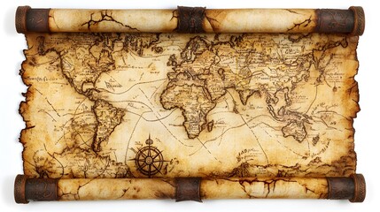 Vintage pirate treasure map rolled out on white background, showcasing detailed drawings of islands and treasure locations, perfect for adventure themes and historical design elements