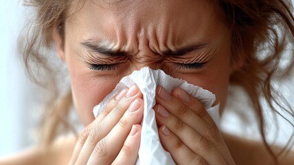 A person sneezing into a tissue, with visible lines or small puffs of air to indicate the action