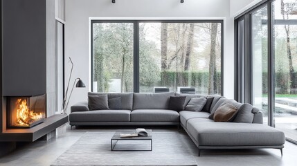 Fototapeta premium Modern Living Room with Fireplace and Large Windows