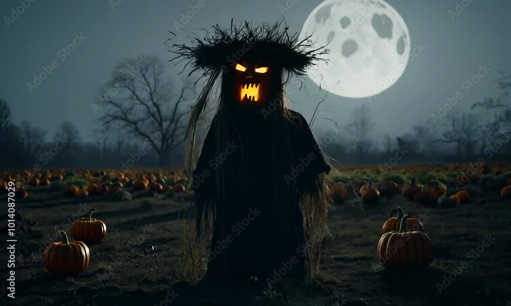 Poster scary monster with a hat and a scary face stands in front of a field of pumpkins. hyperrealistic vid