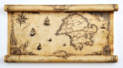 Vintage pirate treasure map rolled out on white background, showcasing detailed drawings of islands and treasure locations, perfect for adventure themes and historical design elements