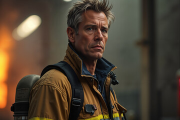 Obraz premium Firefighter with a serious expression, wearing a yellow jacket and carrying equipment on his back, stands in front of a smoky background that suggests a recent or ongoing fire incident.