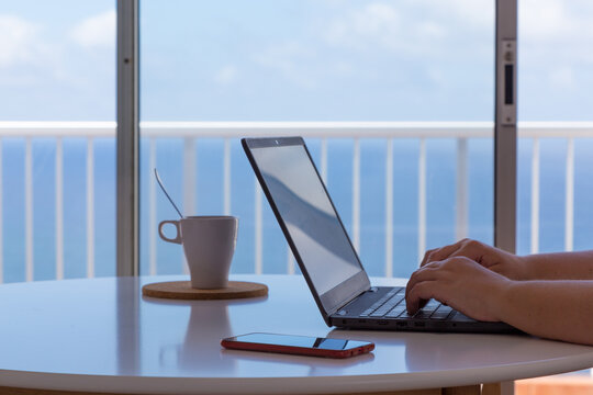 Mani femminili che operano su computer portatile con vista su mare