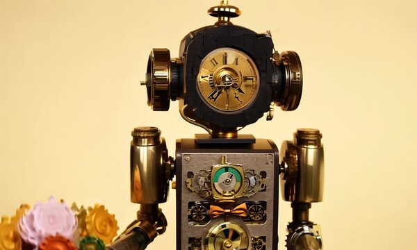 charming steampunk robot in whimsical style, with brass fittings and imaginative design Video