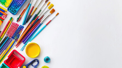 colorful art supplies on white desktop, soft natural lighting, space for text 