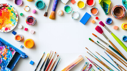 Naklejka premium colorful art supplies on white desktop, soft natural lighting, space for text 