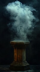 Antique stone pedestal with smoke rising in a dark setting, mysterious ambiance. Fantasy and gothic concept