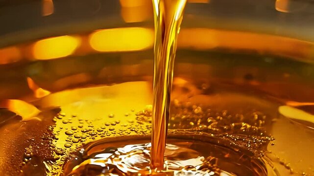 A close-up shot shows golden liquid pouring steadily from a spoon, highlighting its thick viscosity and glossy sheen. The warm color suggests it's honey, oil, or syrup. The shiny surface underneath