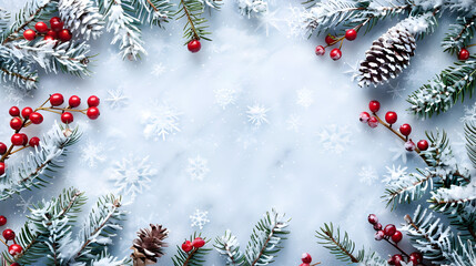 on a white background a frame of snow-covered spruce branches, cones and Christmas tree toys with space for text, the basis for a Christmas leaflet with copy space