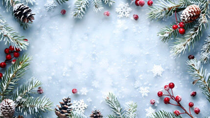 on a white background a frame of snow-covered spruce branches, cones and Christmas tree toys with space for text, the basis for a Christmas leaflet with copy space