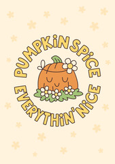 Cute groovy retro Halloween card. Chilling cute pumpkin with flowers. Cozy vintage Halloween poster. Floral background.