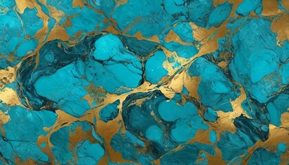 Deep turquoise and shimmering gold create an exotic design reminiscent of precious turquoise stones with polished lacobel accents, Generative AI