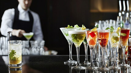 an elegant bar setting with a row of multi-hued cocktails, bartender in background