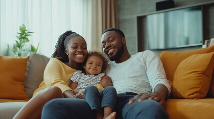 Fototapeta premium A family napping on the living room sofa with their young daughter.