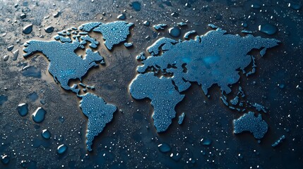 Water droplets forming the shape of continents on a globe, emphasizing the global interconnectedness of water resources and highlighting the importance of global water awareness