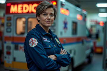Female paramedic with a confident smile, standing in front of her ambulance.