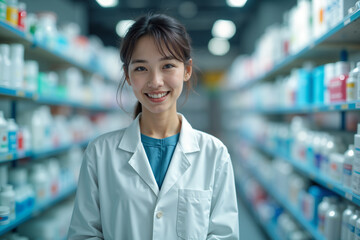 Young woman with a smile on her face, wearing a white lab coat and standing in front of shelves filled with various medications, suggesting she is a pharmacist or working in a pharmaceutical setting.