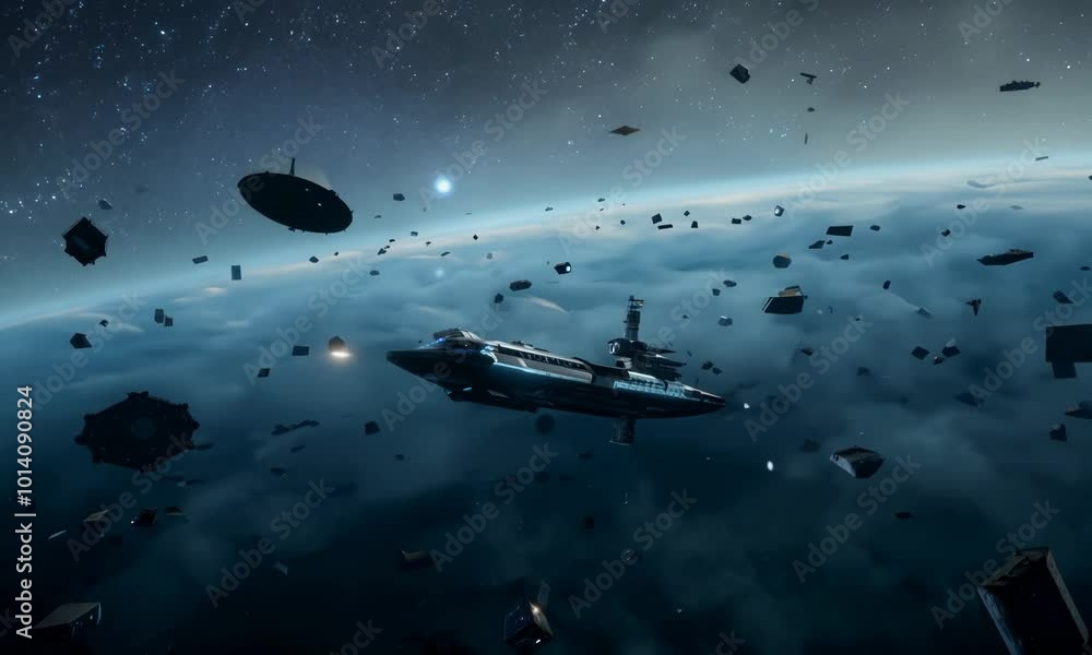 Poster spaceship passing through a field of space debris. video