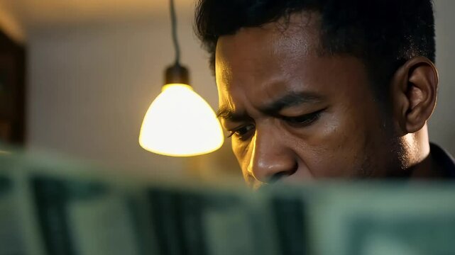 A man intensely counting a stack of dollar bills under a dim light, reflecting focus, finance, and the importance of money management.