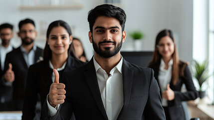 a team of Indian call center employees collaborating, one member showing thumbs up