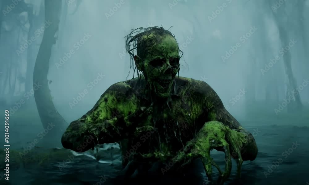 Poster forest with foggy mist and a tree with a dead branch. scene is eerie and mysterious. hyperrealistic 