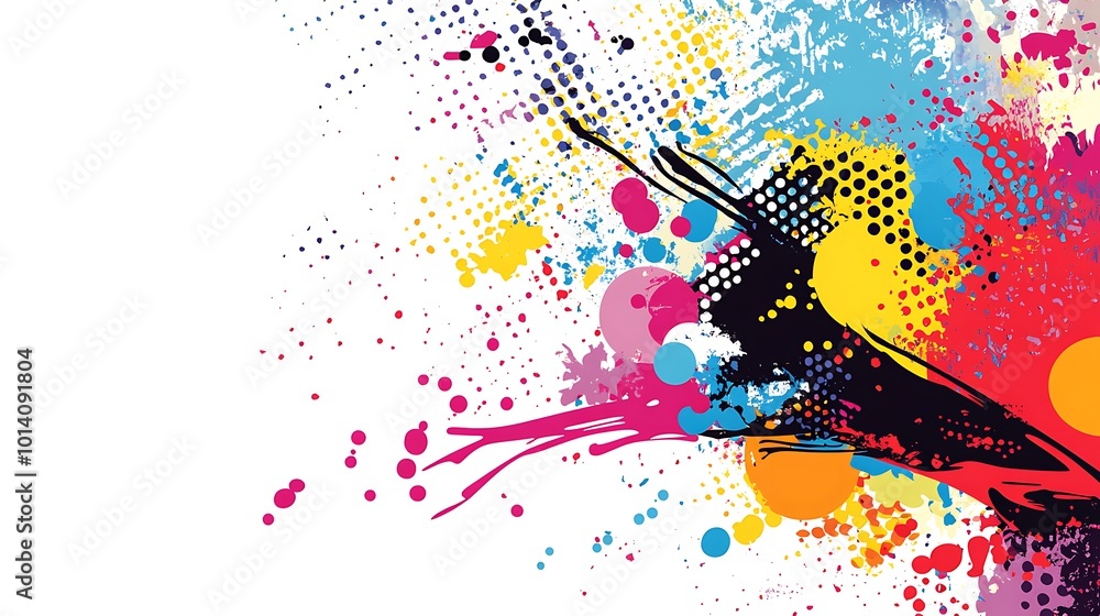 Poster abstract background with colorful paint splatters and halftone dots.