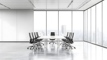 Fototapeta premium White office meeting room interior with table and chairs, panoramic window