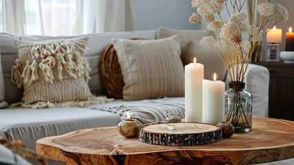 Relaxing living room decor with candles and natural elements, showcasing a cozy space in a stylish home
