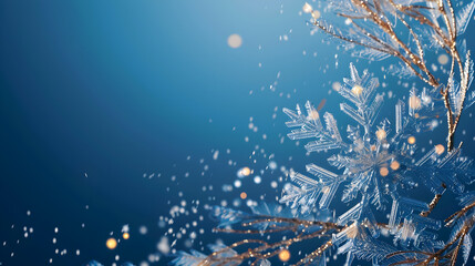 on blue background snowflake close up with bokeh and snow, base for christmas banner or christmas flyer with copy space