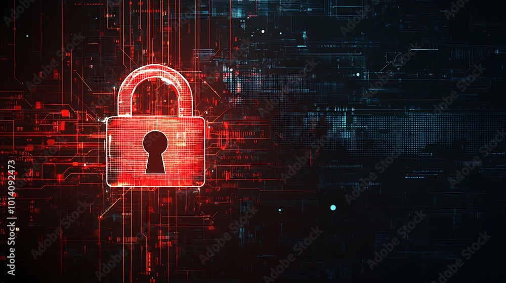 Aufkleber A glowing red padlock with a keyhole on a dark background with red circuit board design, representing data security and digital protection.