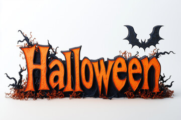 Ozdobny napis "Halloween" w pomarańczowo-czarnych barwach, z gałązkami i sylwetką nietoperza, na białym tle. Tworzy straszny nastrój. © Silent26