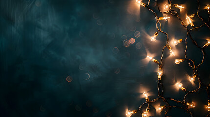 Christmas banner with copy space, glowing garland on dark blue background with space for text