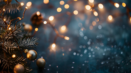 Christmas banner with copy space, glowing garland on dark blue background with space for text