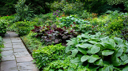 Obraz premium a lush garden landscape with vibrant plants and stone pathway