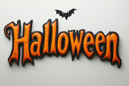 Stylizowany napis "Halloween" w pomarańczowo-czarnych barwach, z małą figurką nietoperza u g&oacute;ry, na jasnym tle. Klasyczna dekoracja.