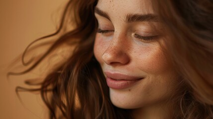 Radiant woman showcasing hair care results with a joyful expression in a studio, emphasizing healthy texture and shine against a gradient backdrop