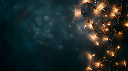 Christmas banner with copy space, glowing garland on dark blue background with space for text