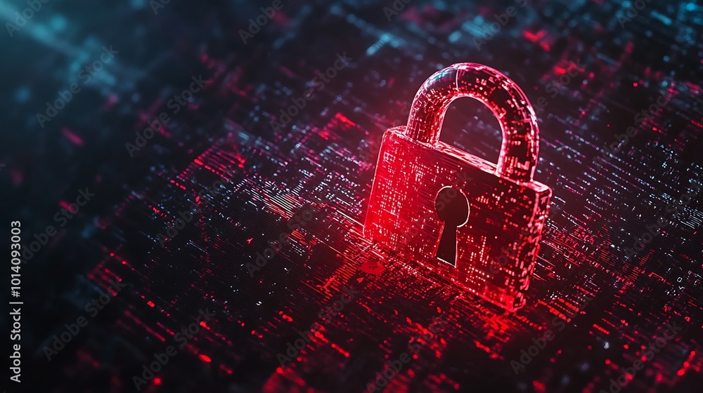Poster a glowing red padlock symbol on a digital background, representing cybersecurity and data protection